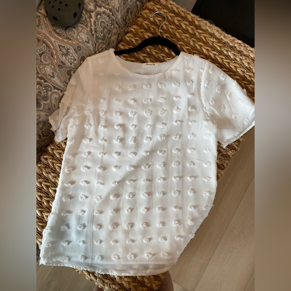 White sheer blouse with dot detailing.